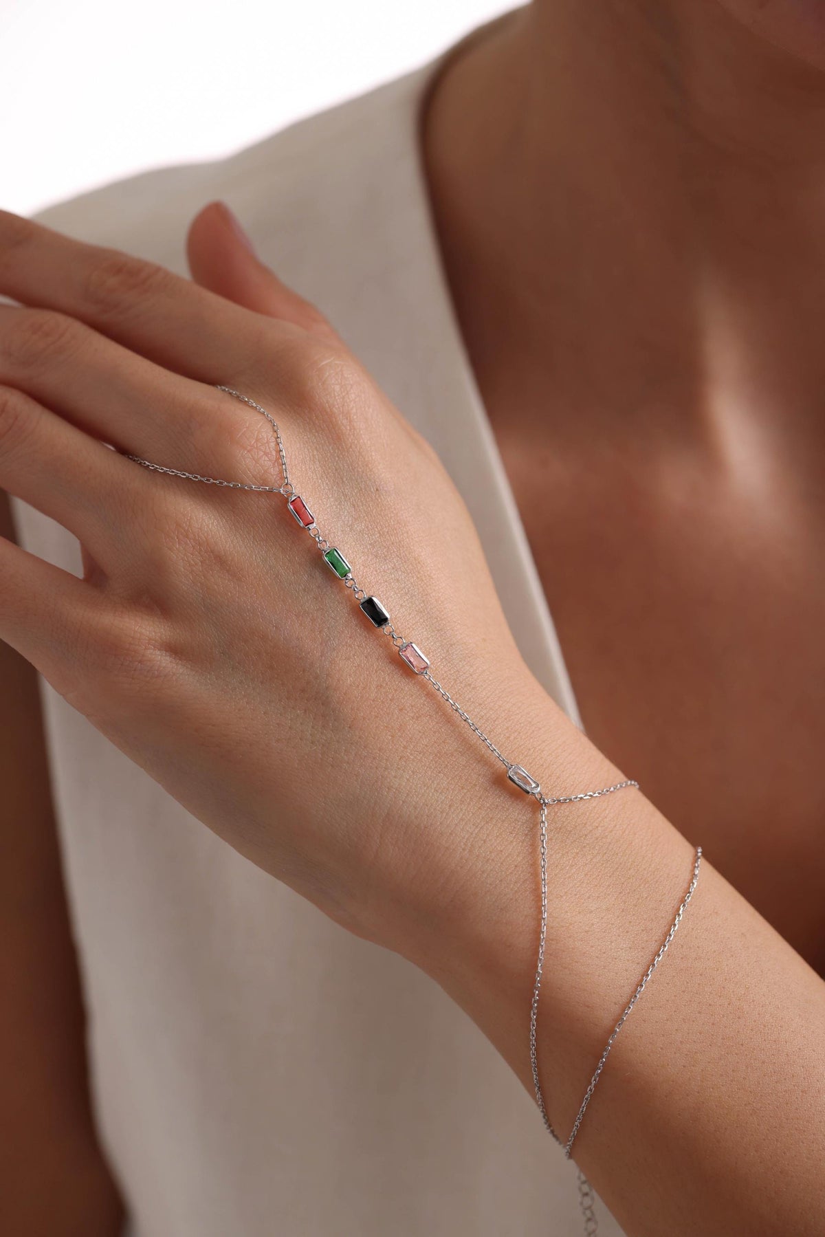 925 Sterling Silver Rhodium Plated Colorful Baguette Zircon Shahmaran Bracelet (NRZ1000050)