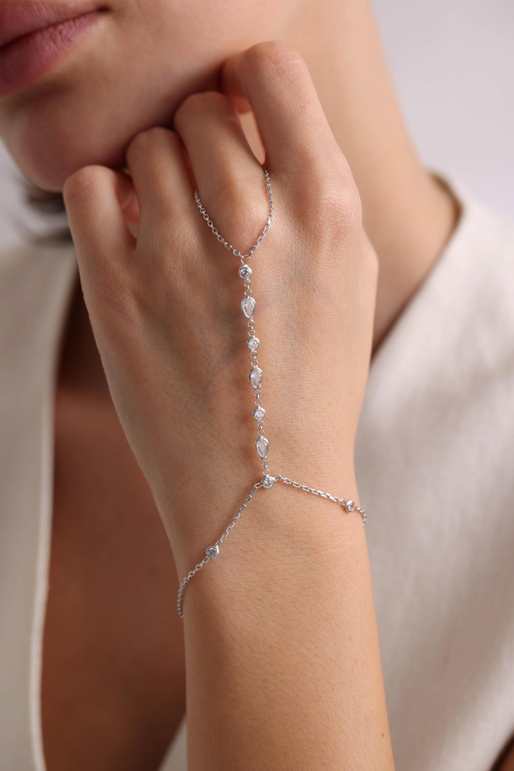 Sterling Silver Shahmaran Hand Chain Bracelet, Teardrop Zircon Jewelry