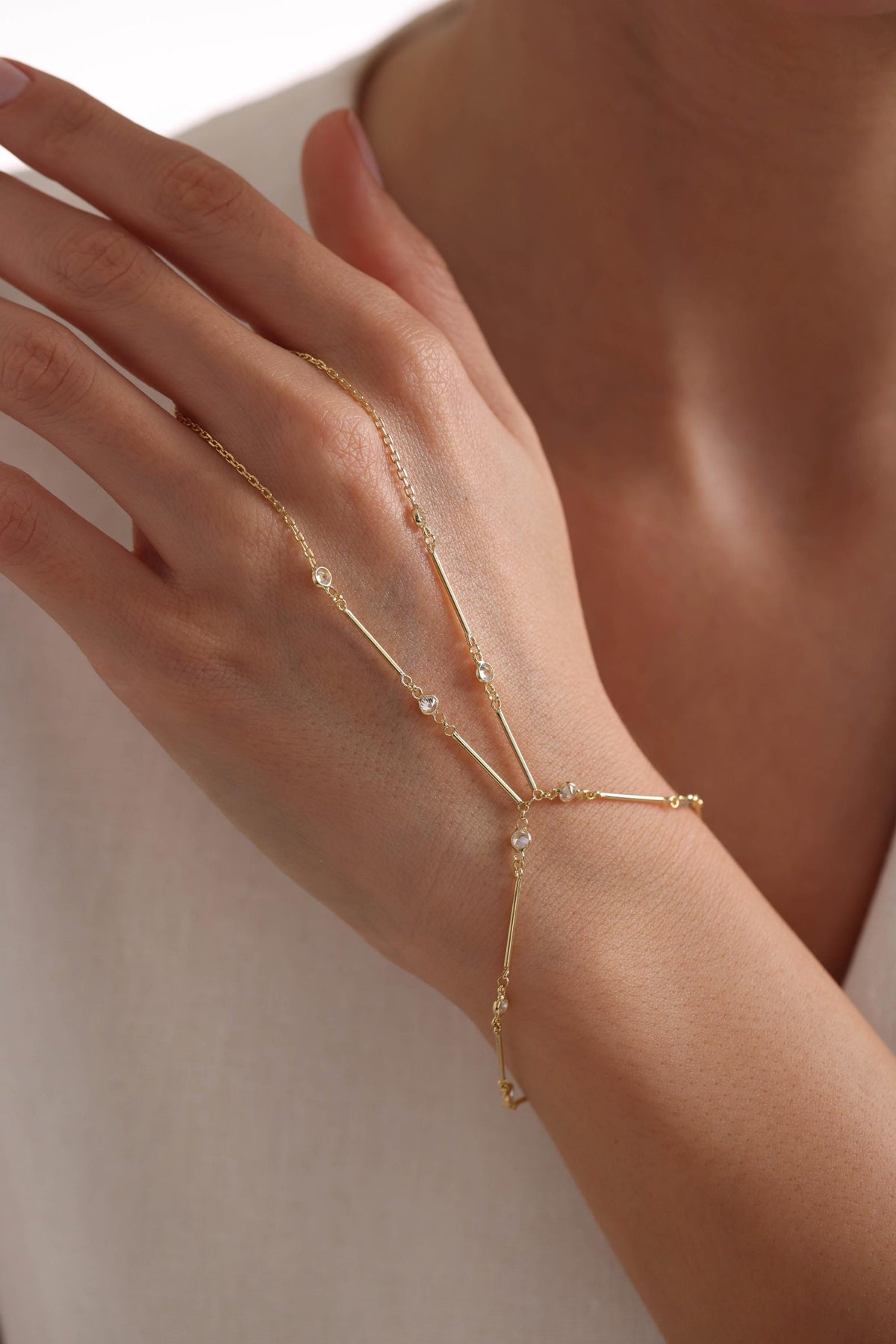 Gold Plated Sterling Silver Zircon Shahmaran Hand Chain Bracelet