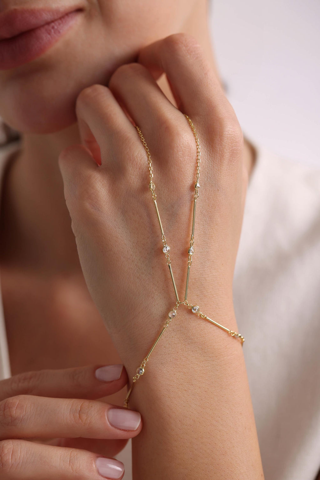 Gold Plated Sterling Silver Zircon Shahmaran Hand Chain Bracelet