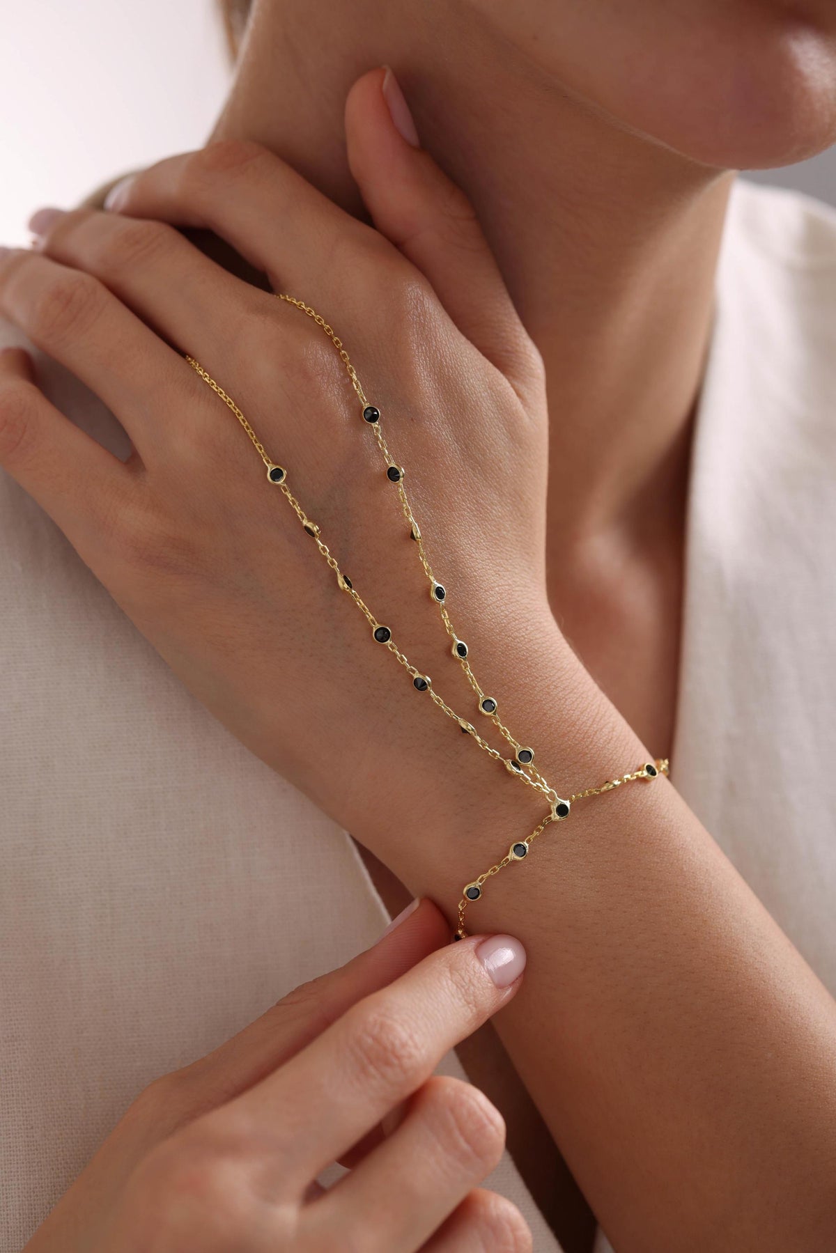 Gold Plated Sterling Silver Shahmaran Bracelet | Black Zircon Hand Chain