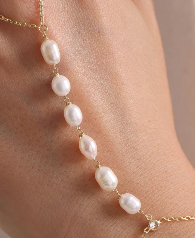 Gold Plated Sterling Silver Pearl Hand Chain Bracelet | Shahmaran Jewelry
