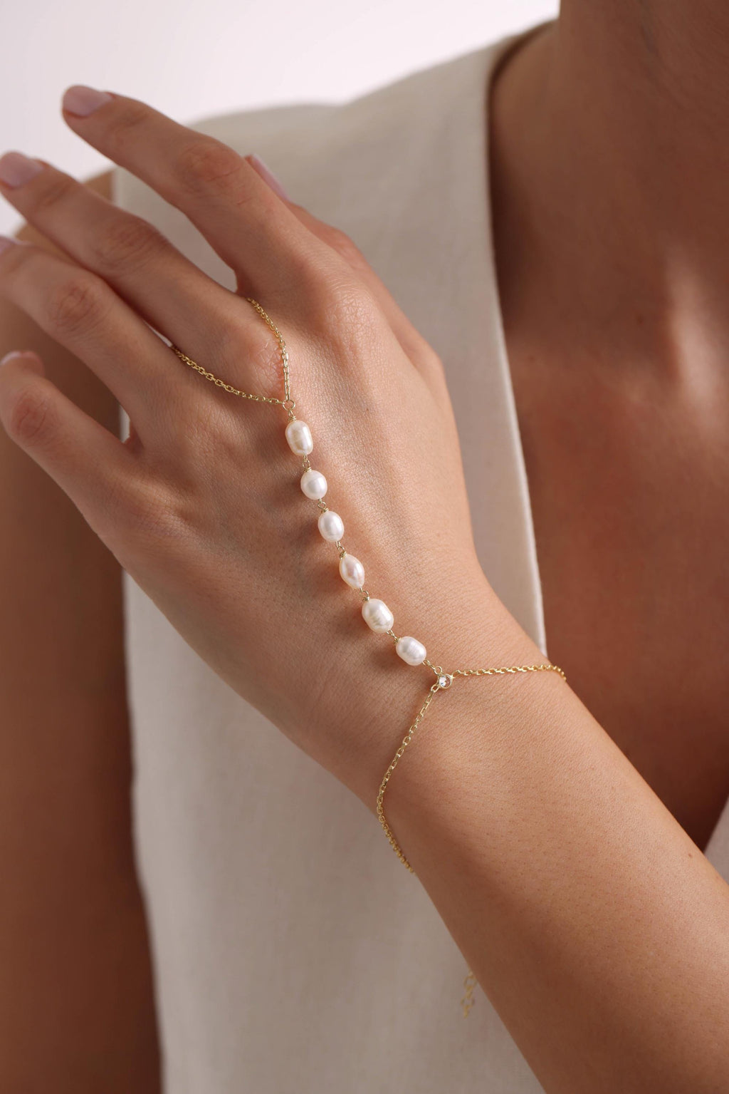 Gold Plated Sterling Silver Pearl Hand Chain Bracelet | Shahmaran Jewelry