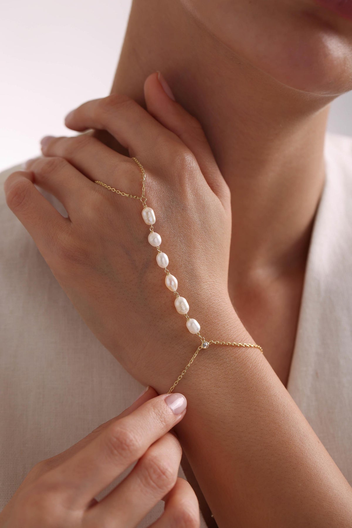 Gold Plated Sterling Silver Pearl Hand Chain Bracelet | Shahmaran Jewelry