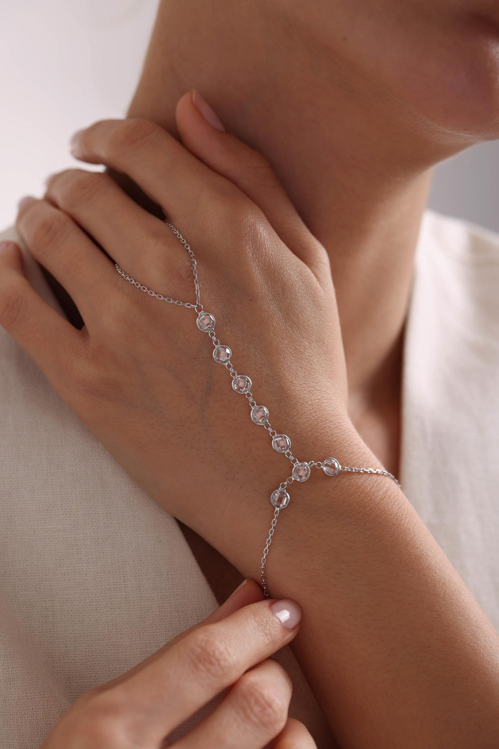 Sterling Silver Shahmaran Bracelet - Zircon Hand Chain Jewelry