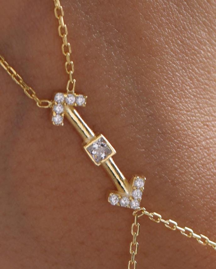 Gold Plated Sterling Silver Arrow Shahmaran Bracelet, Zircon Hand Chain