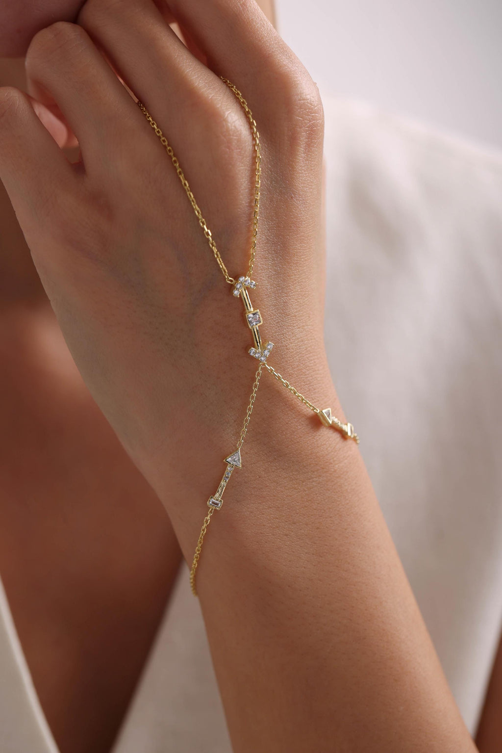 Gold Plated Sterling Silver Arrow Shahmaran Bracelet, Zircon Hand Chain