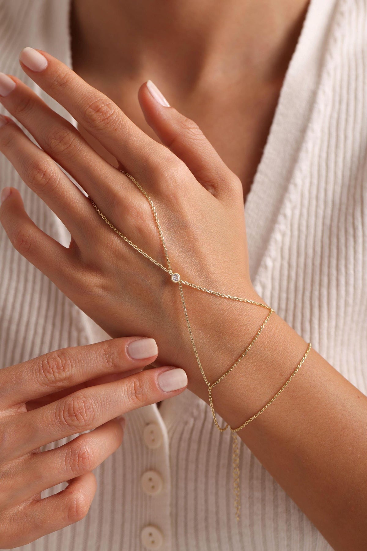 Gold Plated Sterling Silver Shahmaran Bracelet - Minimal Zircon Hand Chain