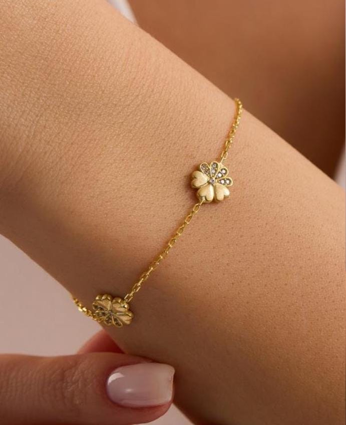 Daisy Bracelet Silver 925 | Dainty Floral Jewelry | Gold Plated Zircon Chain | Gift for Her