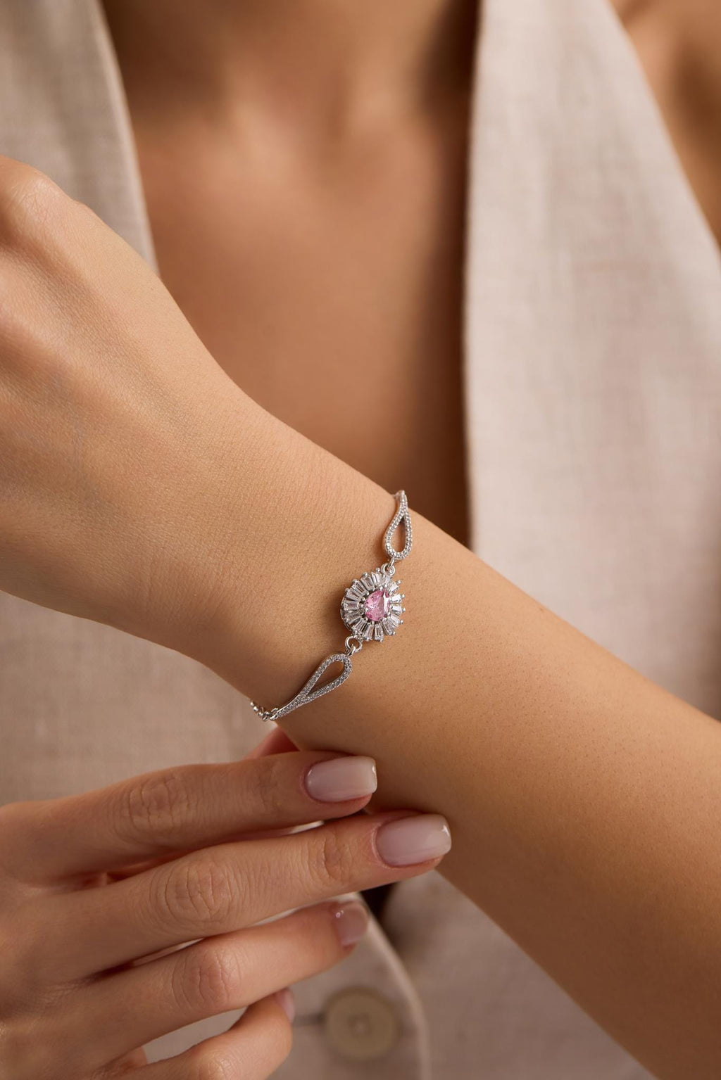 Rhodium Plated Silver Pink Teardrop Bangle Bracelet (NRZ1000861)