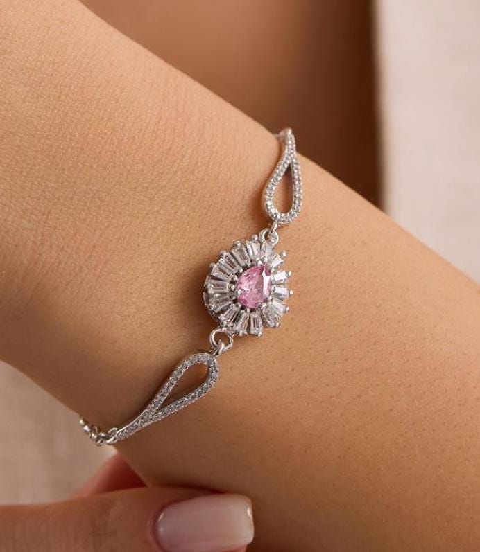 Rhodium Plated Silver Pink Teardrop Bangle Bracelet (NRZ1000861)