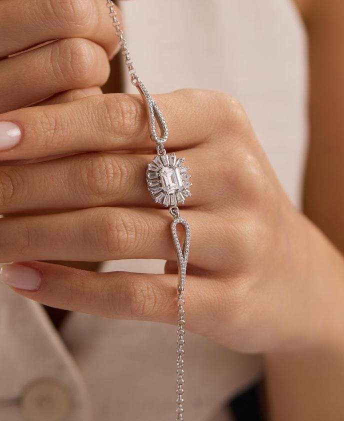 Sterling Silver Baguette White Zircon Bracelet | Solitaire (NRZ1000858)