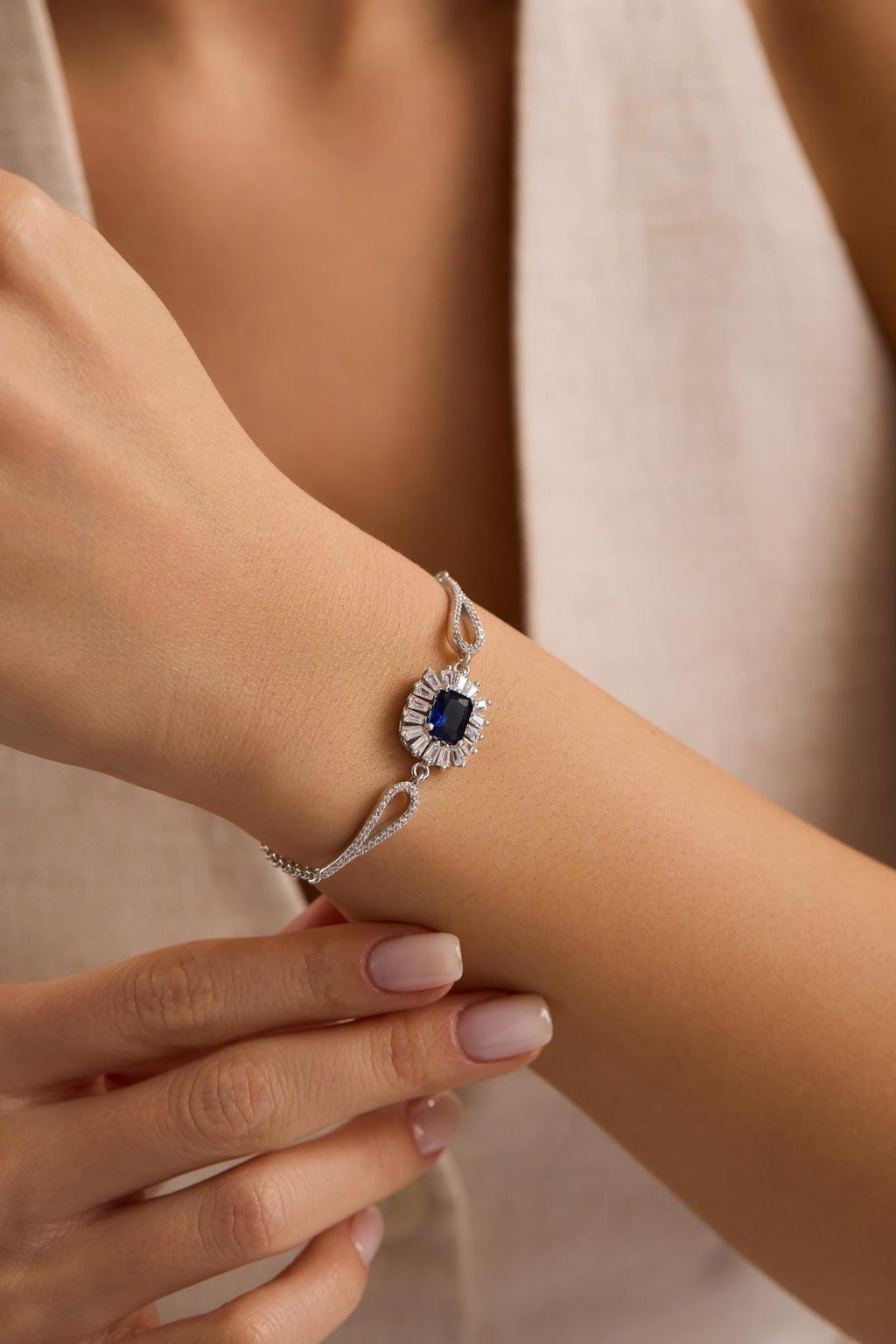 Sterling Silver Baguette Blue CZ Bracelet | Minimal Cuff (NRZ1000857)