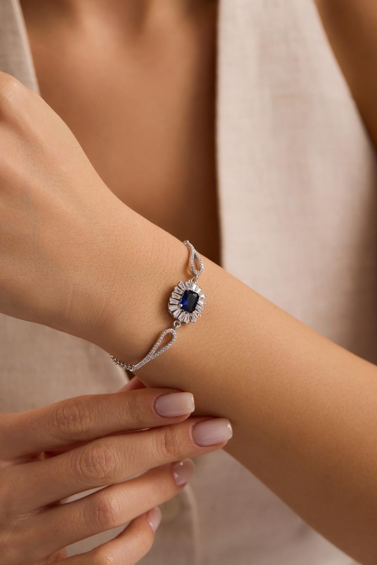 Sterling Silver Baguette Blue CZ Bracelet | Minimal Cuff (NRZ1000857)
