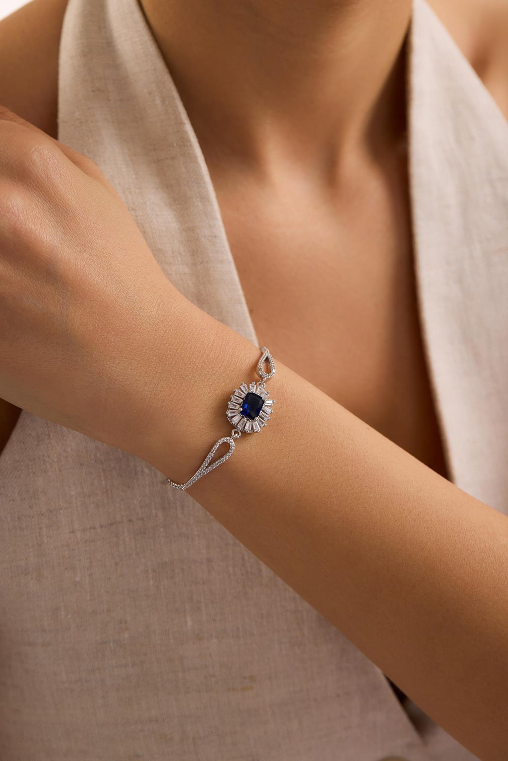 Sterling Silver Baguette Blue CZ Bracelet | Minimal Cuff (NRZ1000857)