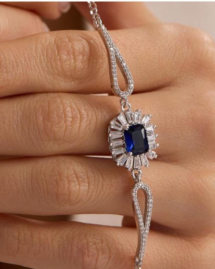 Sterling Silver Baguette Blue CZ Bracelet | Minimal Cuff (NRZ1000857)