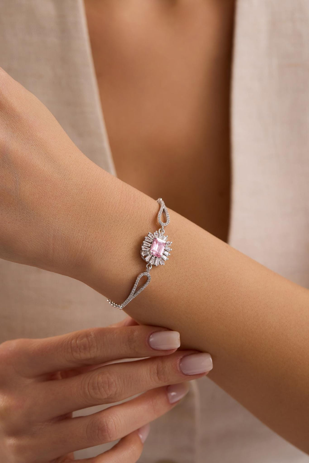 Sterling Silver Baguette Pink CZ Bracelet | Minimal Cuff (NRZ1000856)