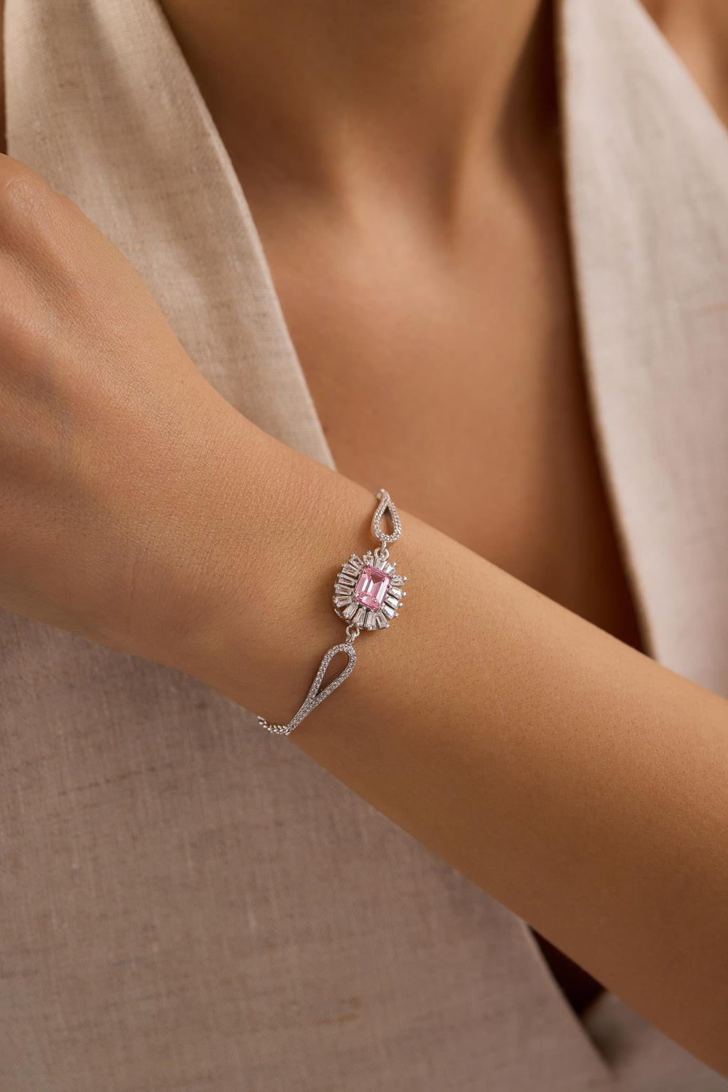 Sterling Silver Baguette Pink CZ Bracelet | Minimal Cuff (NRZ1000856)