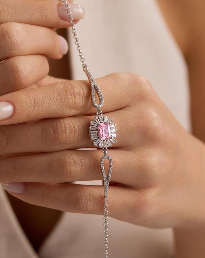 Sterling Silver Baguette Pink CZ Bracelet | Minimal Cuff (NRZ1000856)