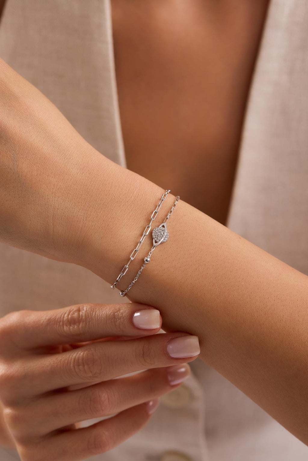 925 Sterling Silver Rhodium Plated Double Chain Planet Bracelet with Zircon Stone (NRZ1000816)