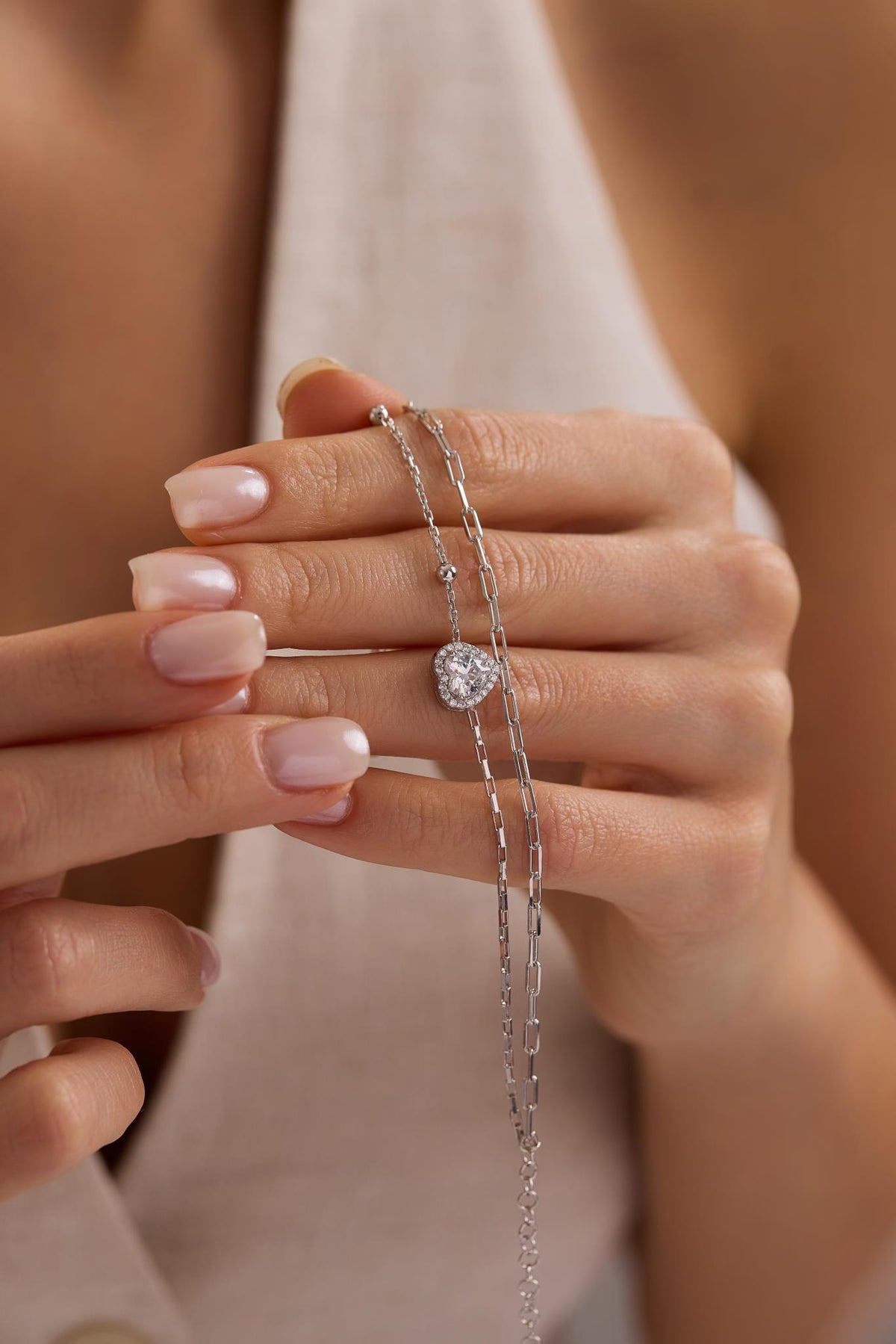 925 Sterling Silver Rhodium Plated Double Chain Heart Solitaire Bracelet with Zircon