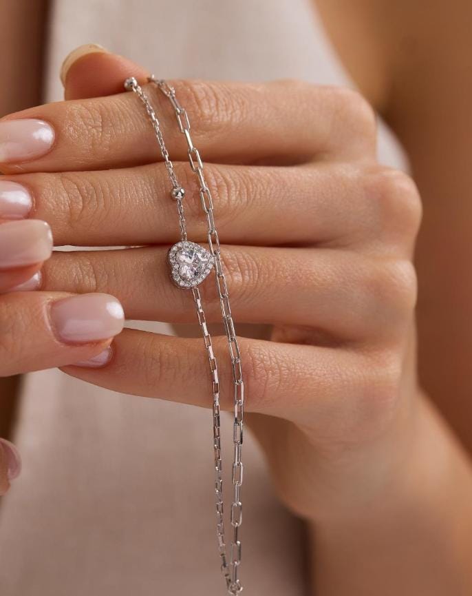 925 Sterling Silver Rhodium Plated Double Chain Heart Solitaire Bracelet with Zircon