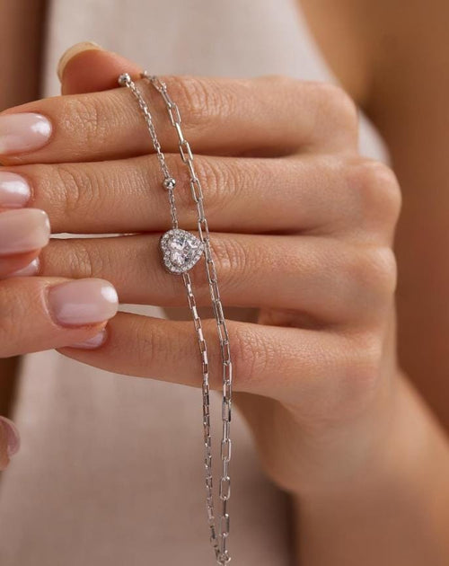 925 Sterling Silver Rhodium Plated Double Chain Heart Solitaire Bracelet with Zircon