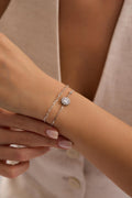 925 Sterling Silver Rhodium Plated Double Chain Diamond Setting Solitaire Bracelet with Zircon (NRZ1000814)