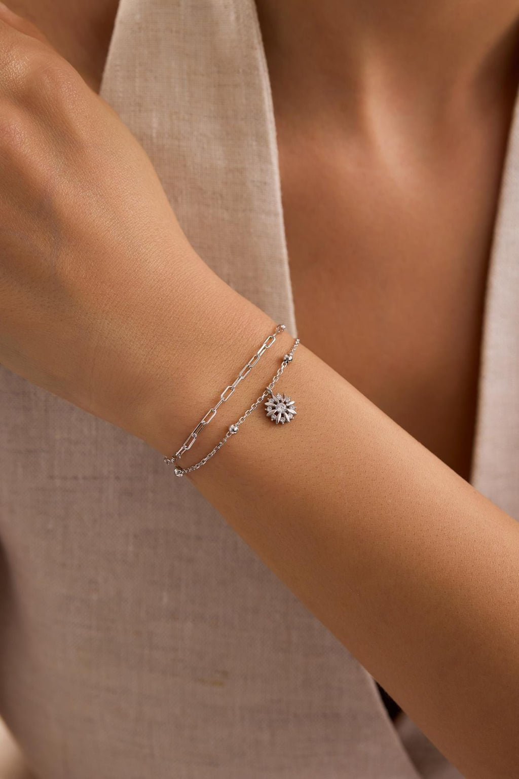 Sterling Silver Double Chain Sun Bracelet | Zircon Stone Celestial Jewelry (NRZ1000812)