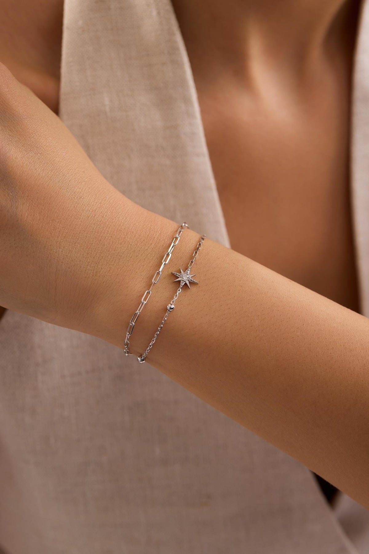Sterling Silver North Star Bracelet | Double Chain Zircon Celestial Jewelry.