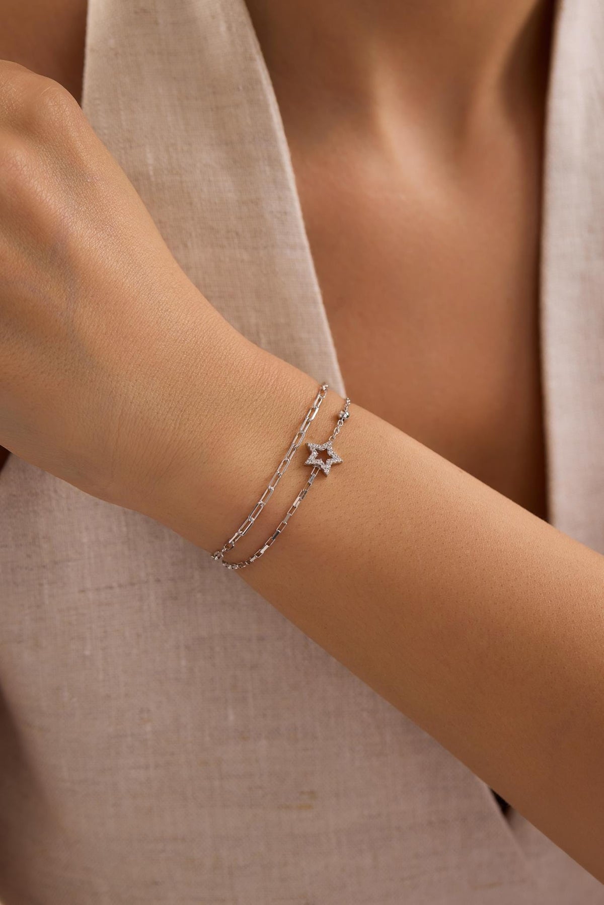 Sterling Silver Double Chain Star Bracelet | Zircon Minimal Jewelry