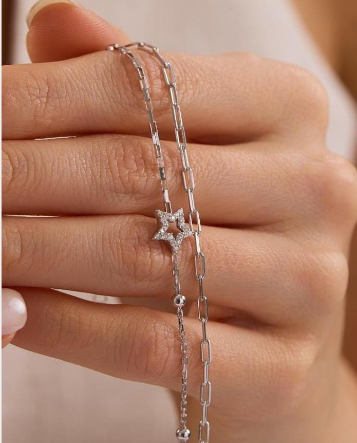 Sterling Silver Double Chain Star Bracelet | Zircon Minimal Jewelry
