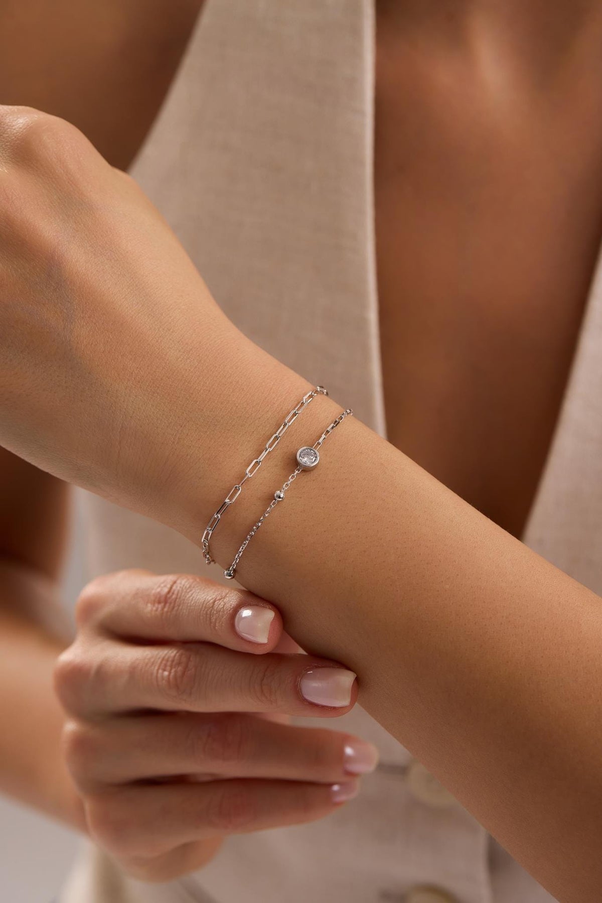 Sterling Silver Double Chain Solitaire Bracelet | 5 mm Zircon (NRZ1000808)