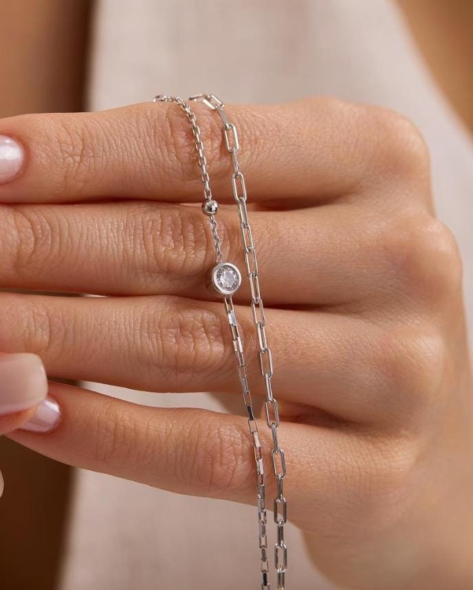 Sterling Silver Double Chain Solitaire Bracelet | 5 mm Zircon (NRZ1000808)