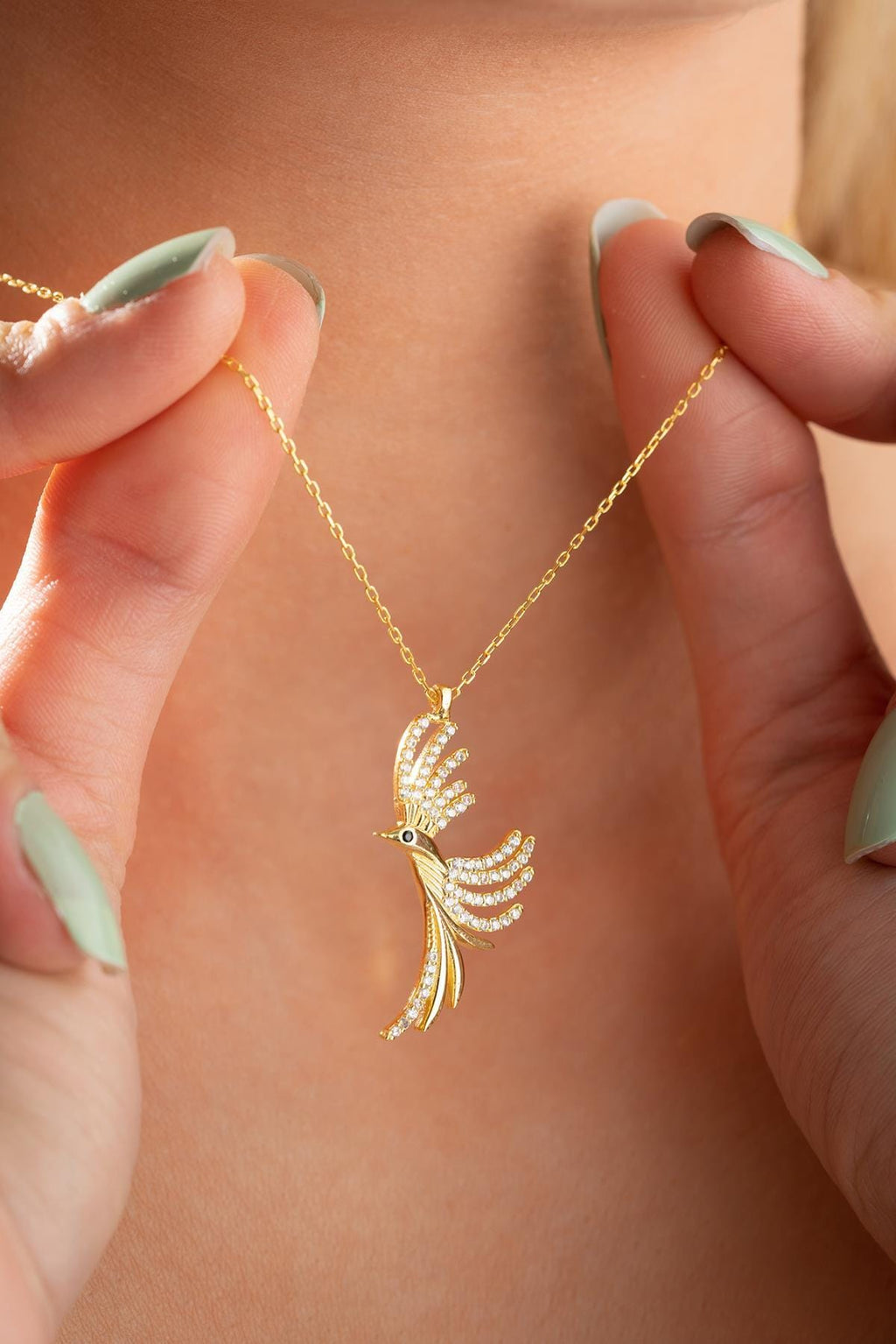 Sterling Silver Phoenix Necklace | Gold Bird Pendant | Zircon Jewelry | Gift for Her