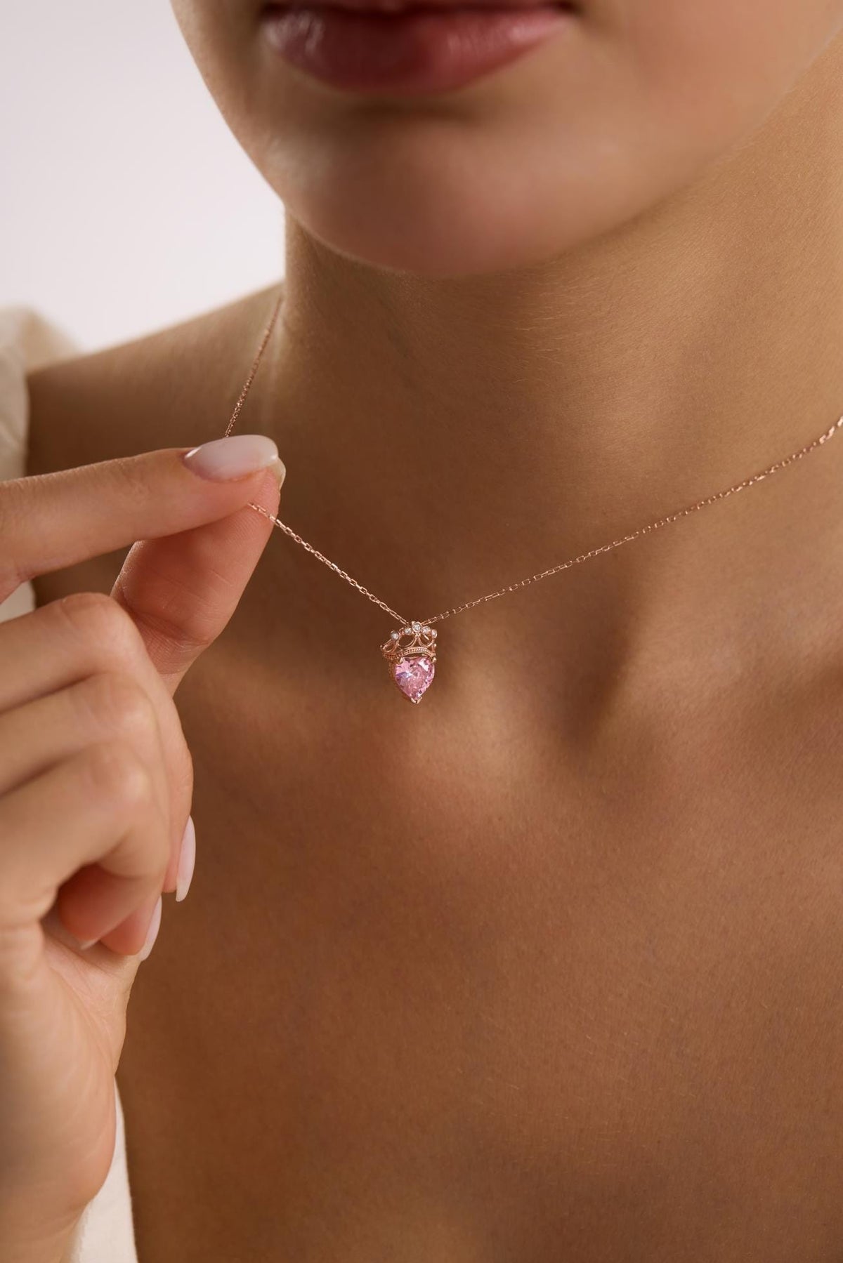 Sterling Silver Crown Necklace | Pink Heart Pendant | Rose Gold Jewelry | Gift for Her