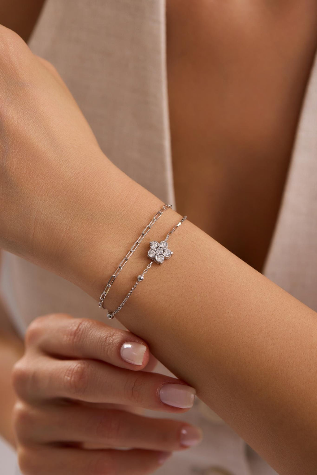 Sterling Silver Double Chain Flower Bracelet | Zircon Floral (NRZ1000807)