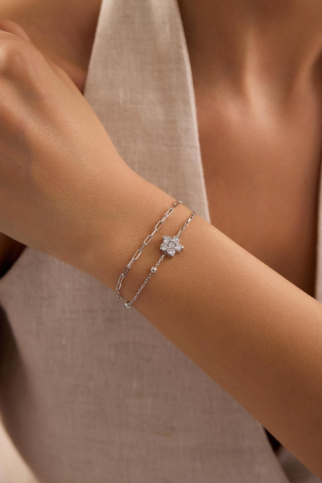 Sterling Silver Double Chain Flower Bracelet | Zircon Floral (NRZ1000807)