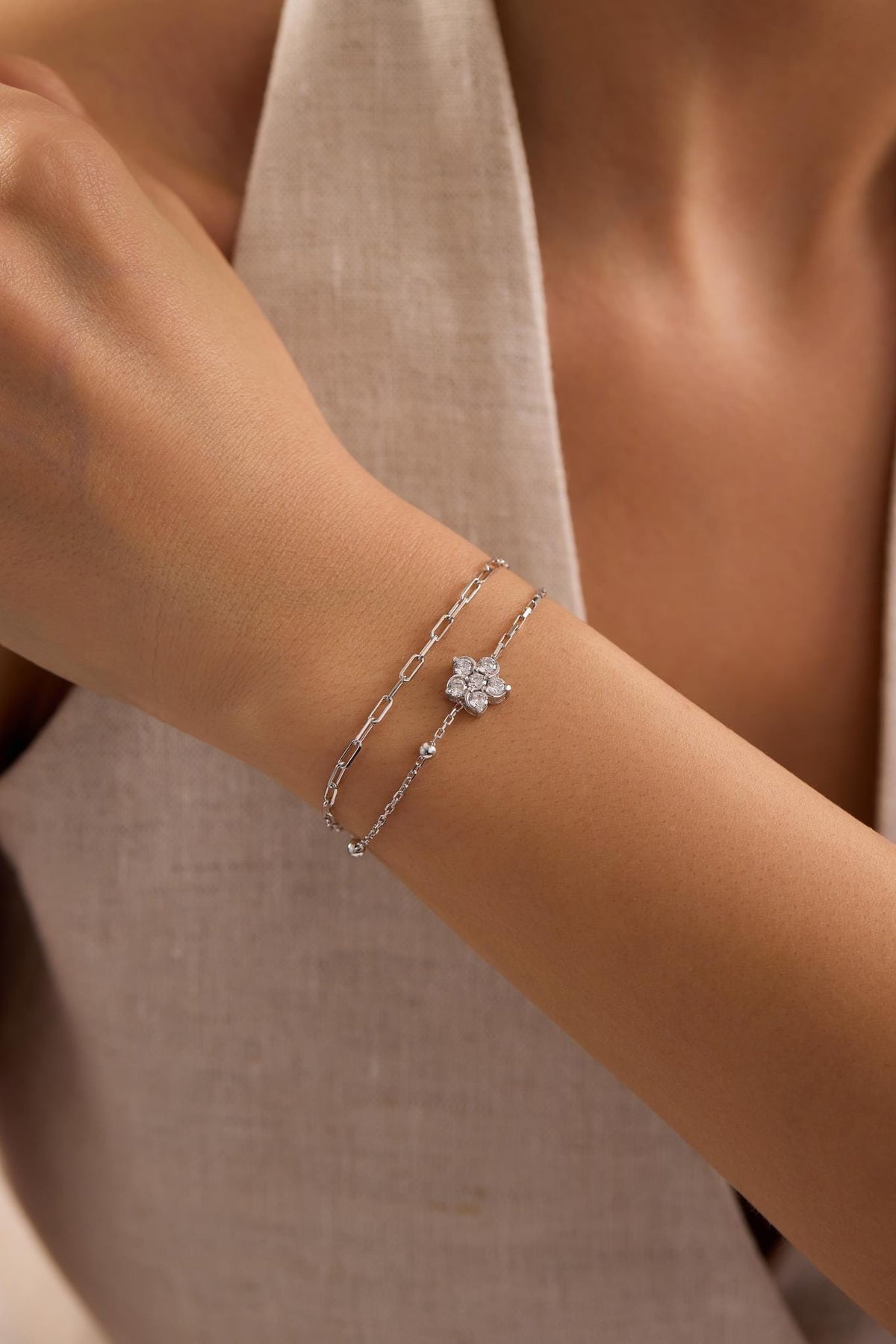 Sterling Silver Double Chain Flower Bracelet | Zircon Floral (NRZ1000807)