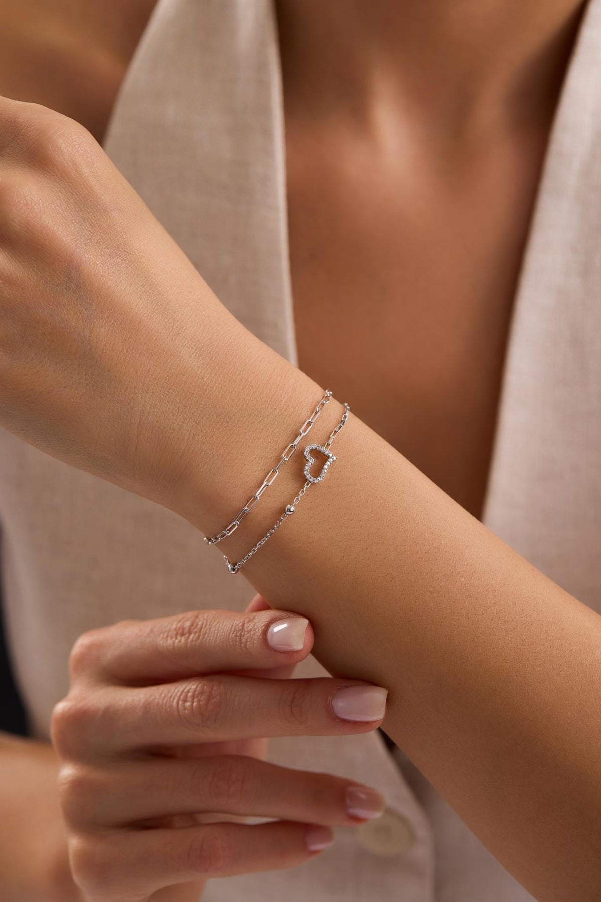 Sterling Silver Double Chain Heart Bracelet | Zircon Minimal (NRZ1000806)