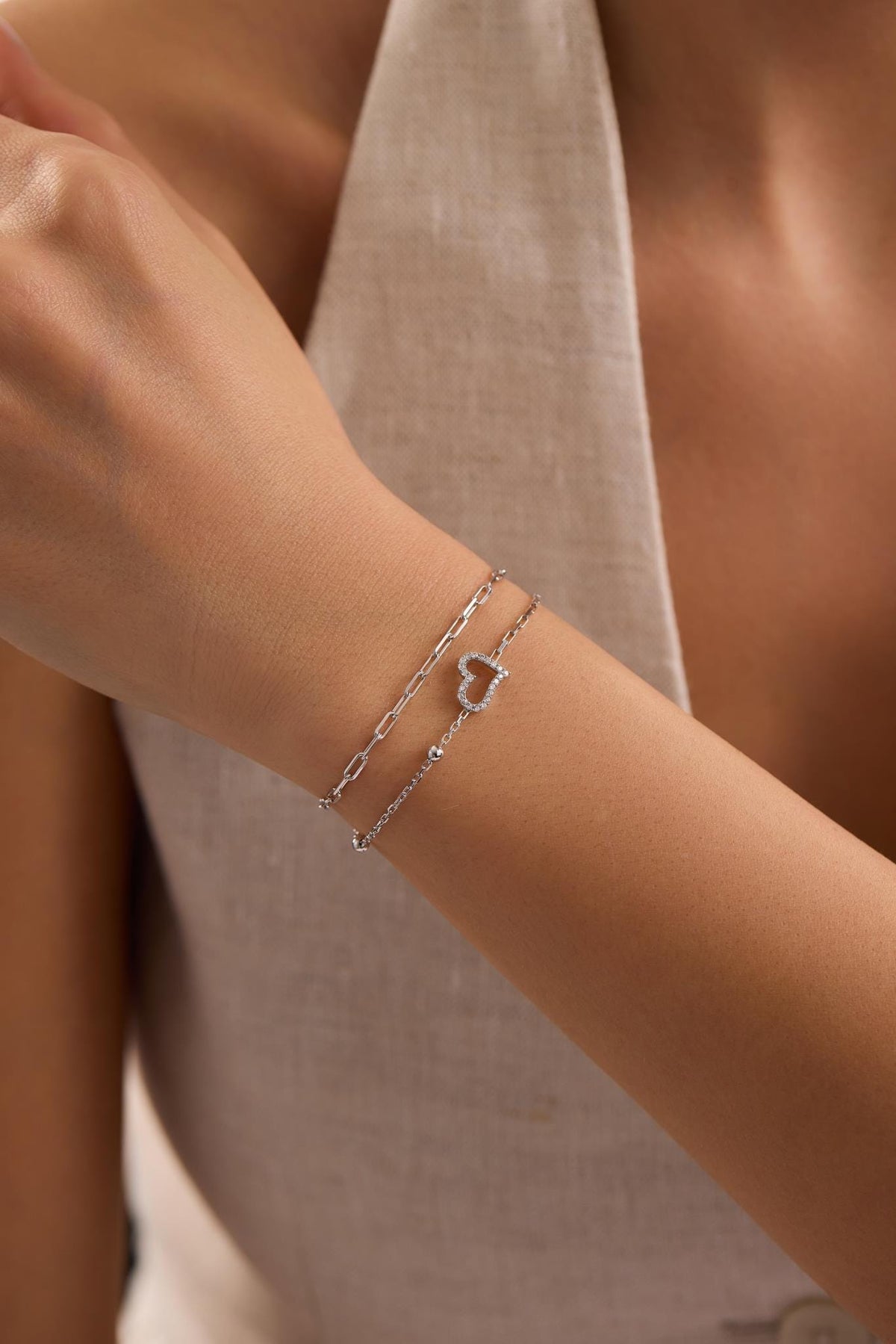 Sterling Silver Double Chain Heart Bracelet | Zircon Minimal (NRZ1000806)