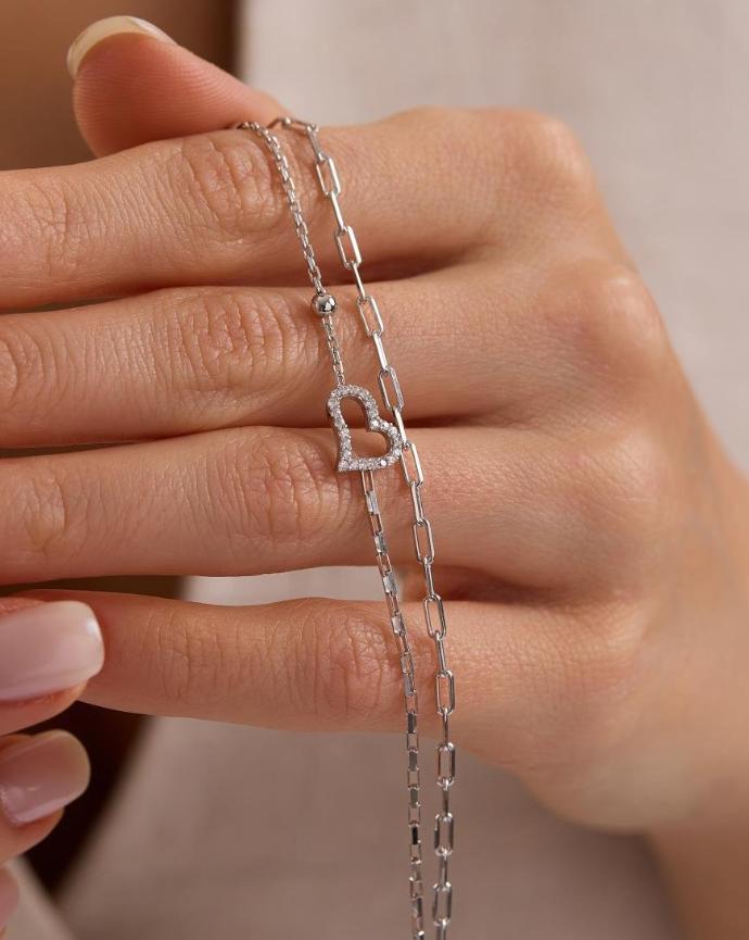 Sterling Silver Double Chain Heart Bracelet | Zircon Minimal (NRZ1000806)