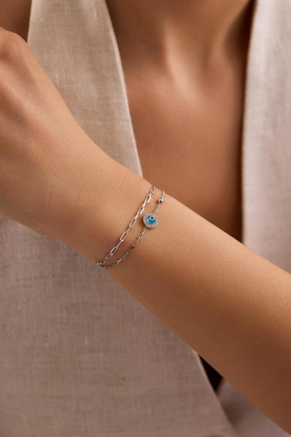 Sterling Silver Double Chain Evil Eye Bracelet | Zircon (NRZ1000805)