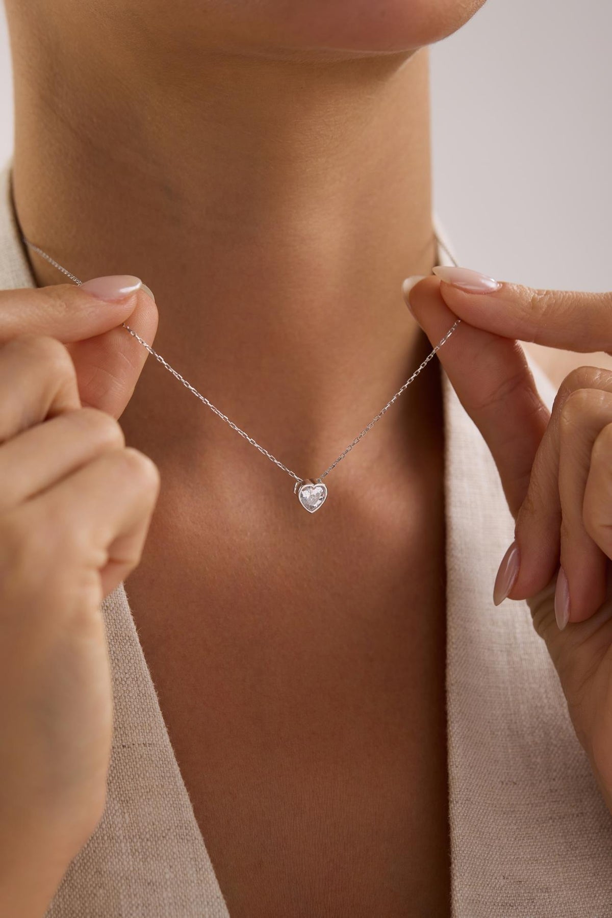 Sterling Silver Heart Necklace, Zircon Pendant, Dainty Gift