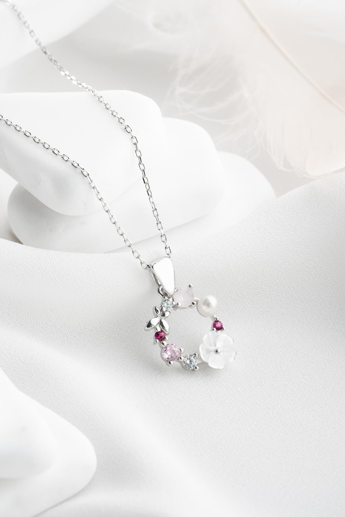 Magnolia Flower Necklace | Silver Floral Pendant | Zircon Dainty Necklace Gift for Her