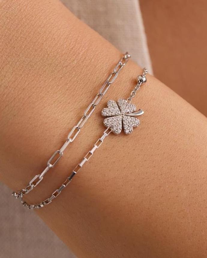 Sterling Silver Double Chain Clover Bracelet | Zircon Lucky Jewelry (NRZ1000802)
