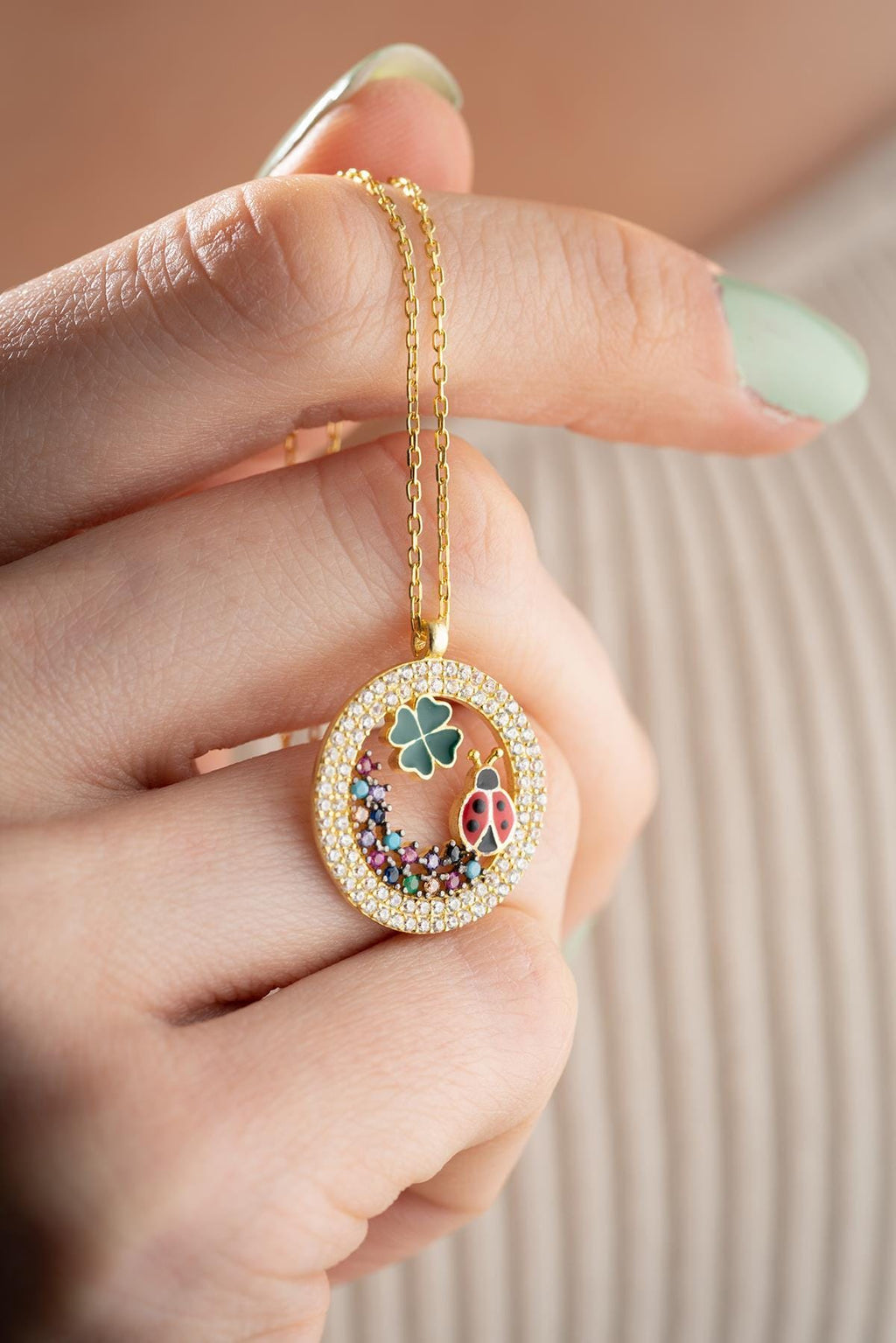Four Leaf Clover Necklace Silver 925 | Lucky Charm Jewelry | Gold Plated Ladybug Pendant