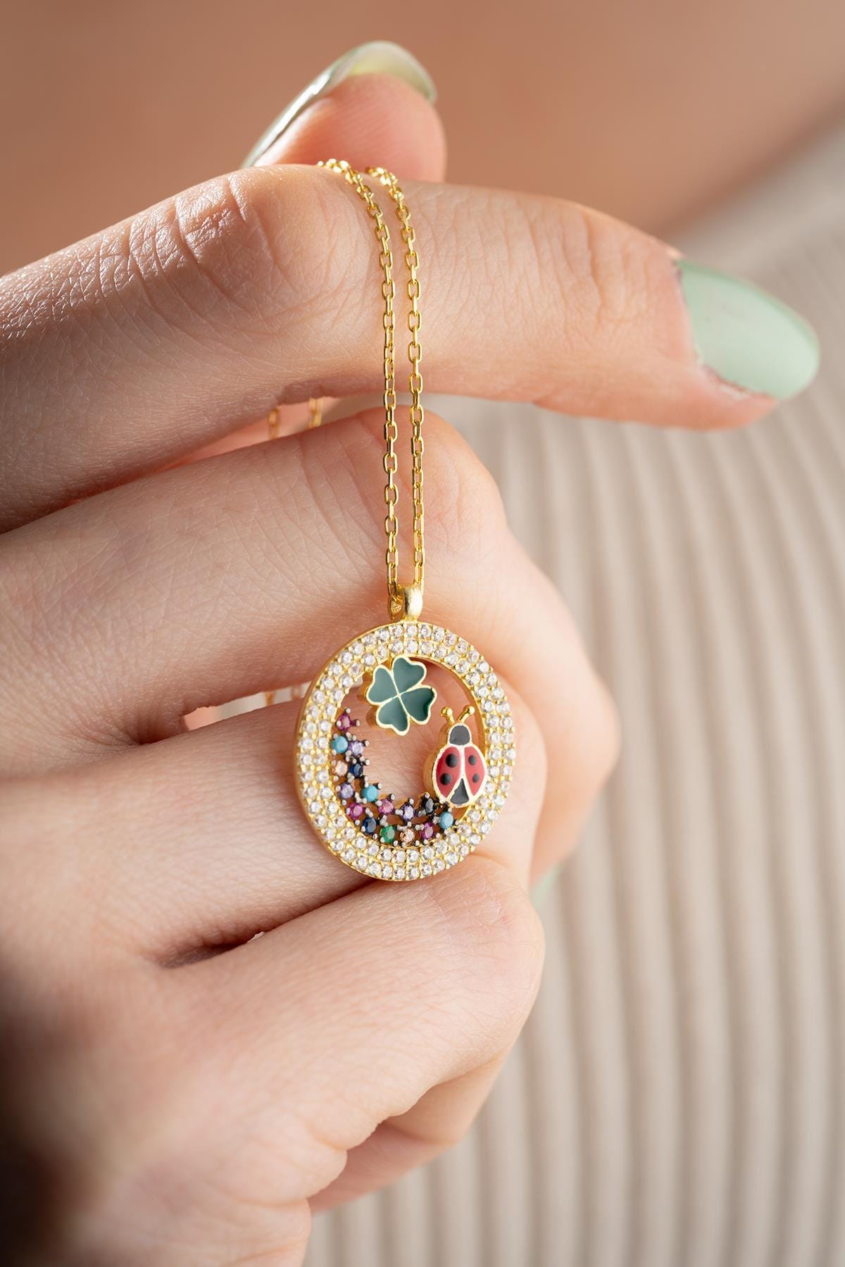 Four Leaf Clover Necklace Silver 925 | Lucky Charm Jewelry | Gold Plated Ladybug Pendant
