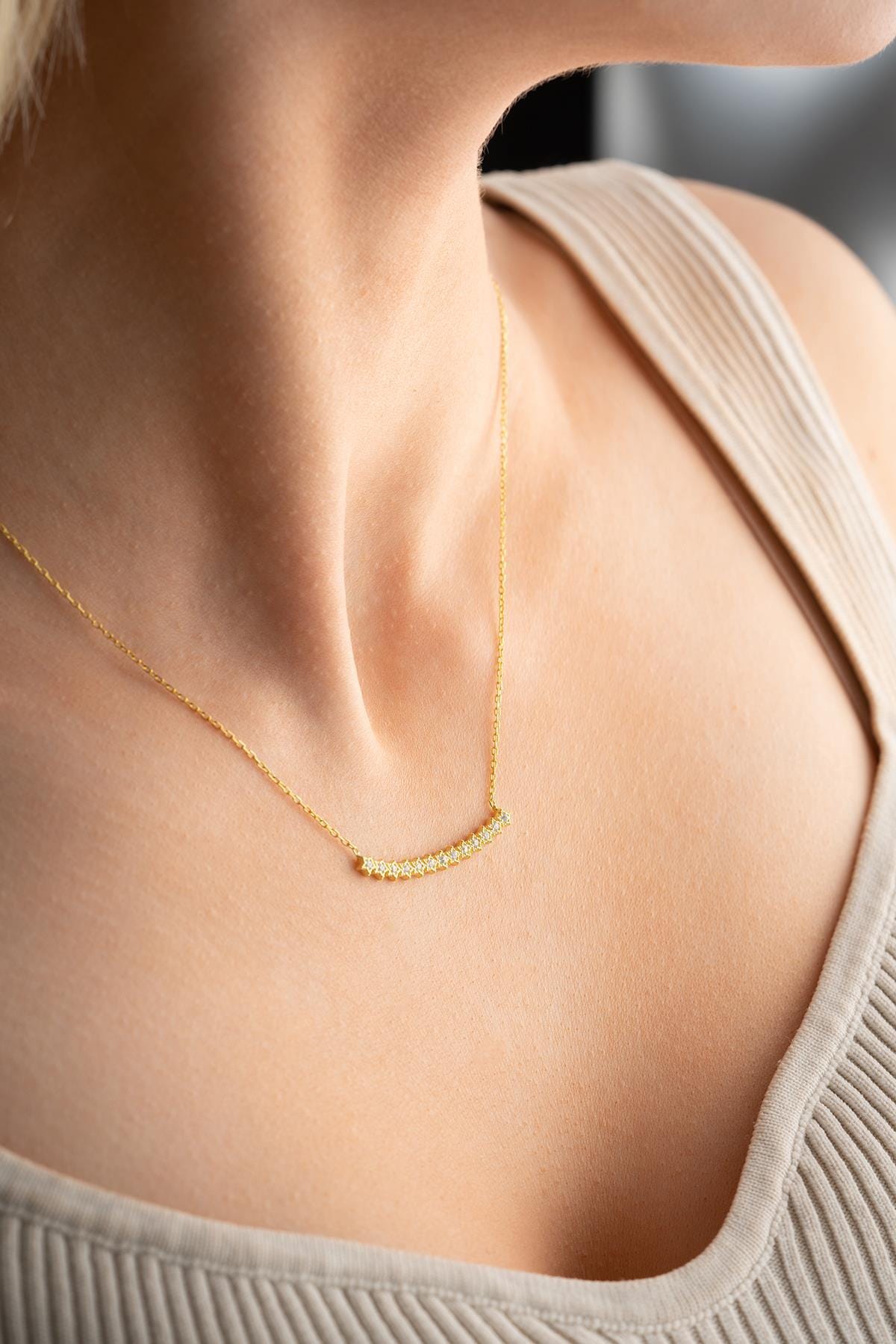 Star Bar Necklace Silver 925 | Celestial CZ Jewelry | Dainty Minimal Gold Plated | Gift for Her