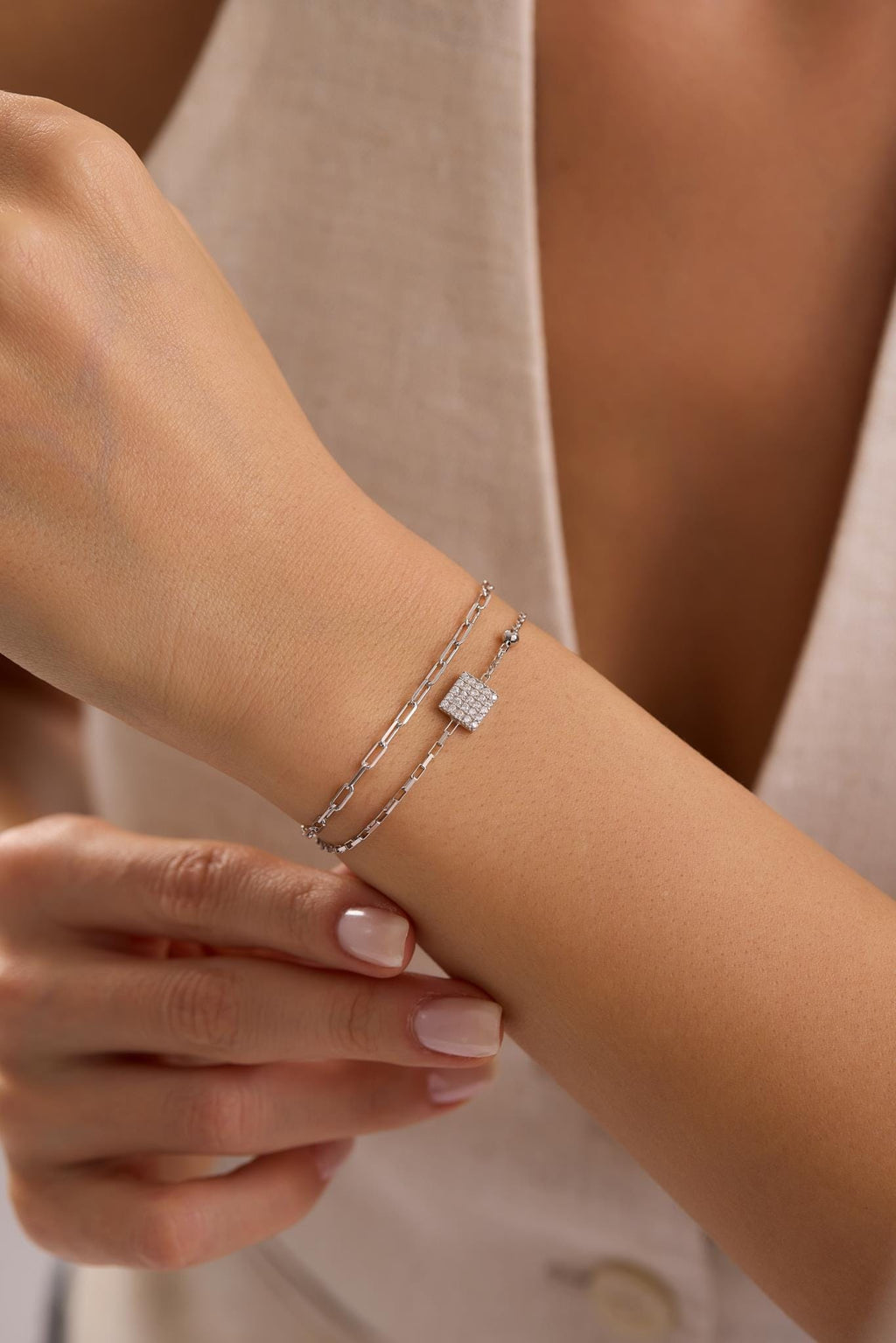 Sterling Silver Double Chain Square Zircon Bracelet | Minimal Design (NRZ1000801)